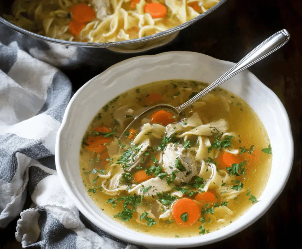 A bowl of steaming gluten-free chicken noodle soup with shredded chicken, vegetables, and gluten-free noodles garnished with fresh herbs.