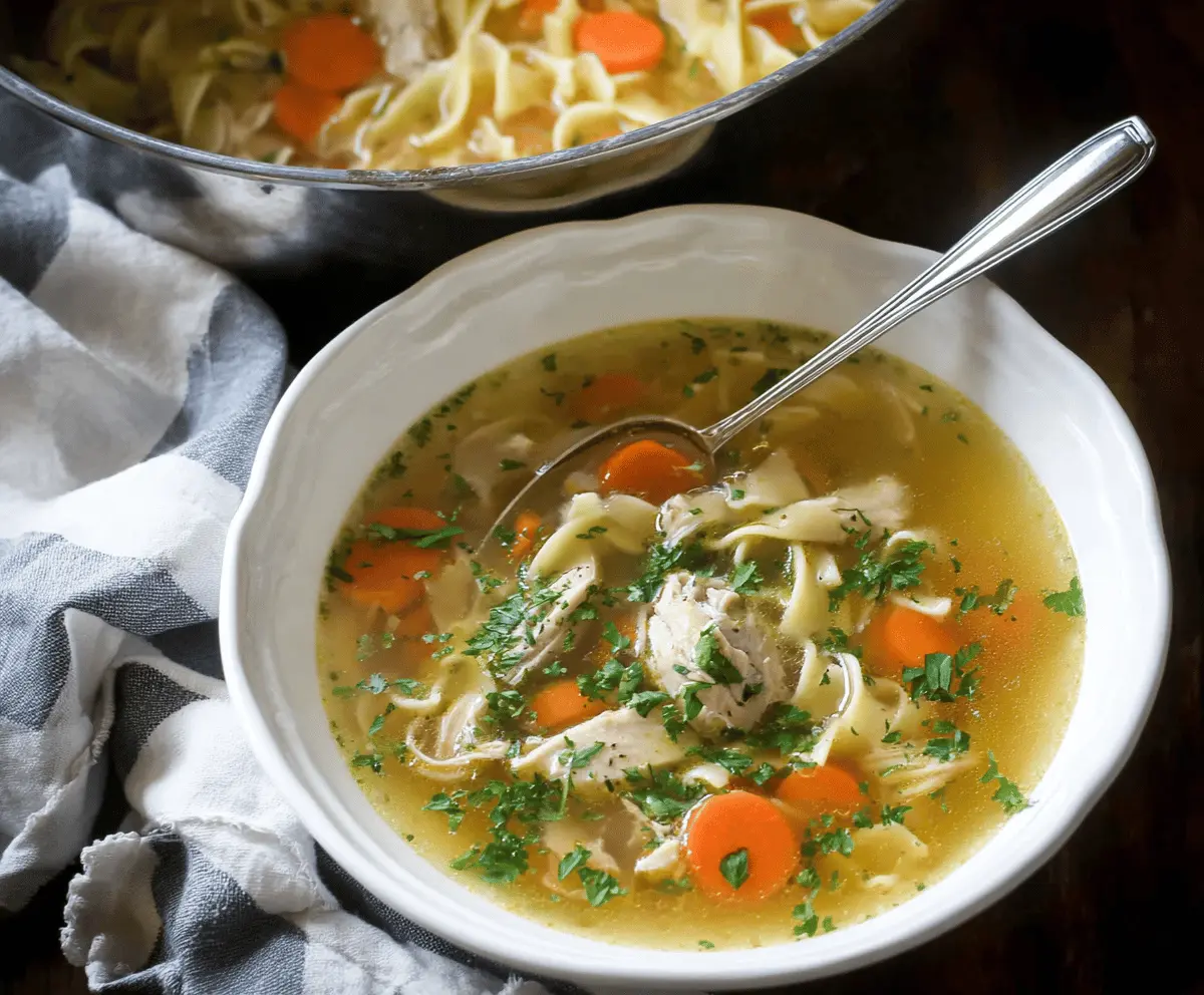 A bowl of steaming gluten-free chicken noodle soup with shredded chicken, vegetables, and gluten-free noodles garnished with fresh herbs.