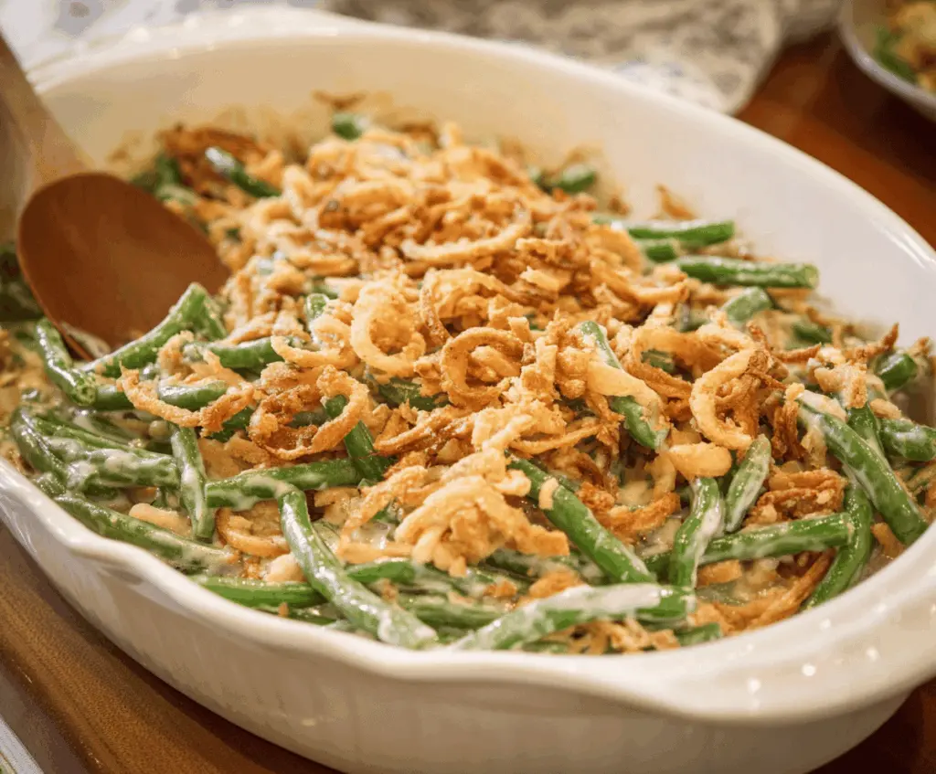 Creamy green bean casserole topped with crispy fried onions, served in a white dish for a classic holiday side.