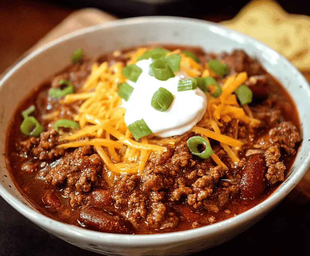 Hearty ground beef chili topped with shredded cheese and fresh herbs in a bowl, perfect for a comforting meal.
