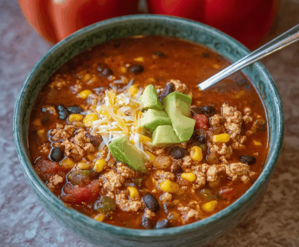 Hearty Ground Turkey Taco Soup with fresh vegetables and melted cheese in a bowl, perfect for a flavorful and easy-to-make meal.