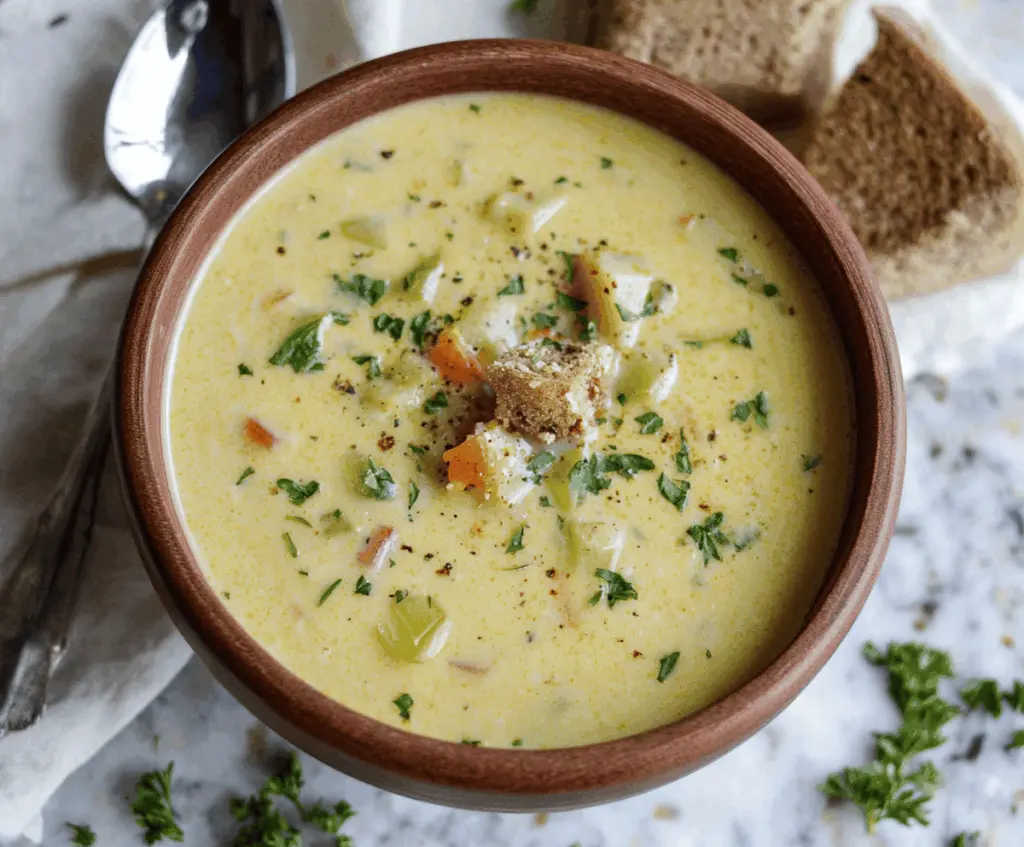 Creamy and nutritious healthy potato soup topped with fresh herbs, served in a bowl with a spoon on a rustic wooden table.