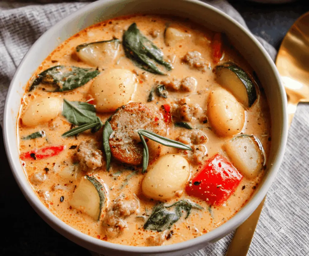 Creamy Hearty Sausage Gnocchi Soup with sausage, spinach, and potatoes in a bowl