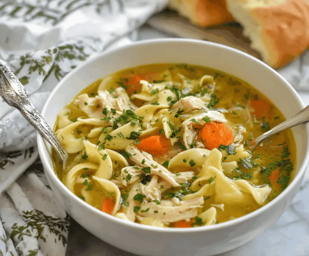 Creamy and hearty Instant Pot Chicken Noodle Soup with tender chicken, vegetables, and noodles in a flavorful broth, perfect for comfort food lovers