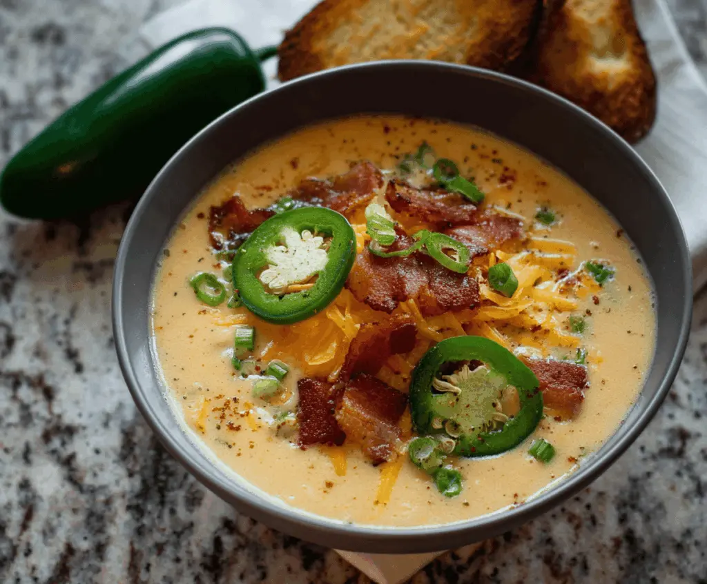 Creamy jalapeno popper soup garnished with shredded cheese, crispy bacon, and chopped green onions in a bowl, perfect for spicy appetizer lovers.