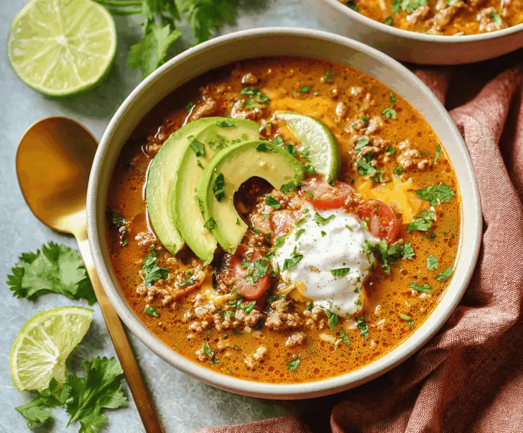 Keto Taco Soup served in a bowl with shredded cheese, sour cream, and fresh cilantro, perfect for low-carb meal planning.