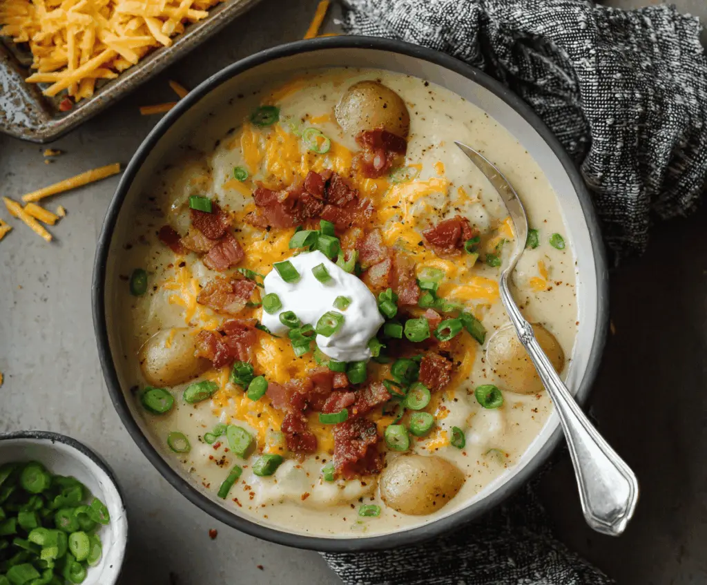 Creamy loaded baked potato soup topped with shredded cheese, crispy bacon bits, chopped green onions, and a dollop of sour cream in a rustic bowl.