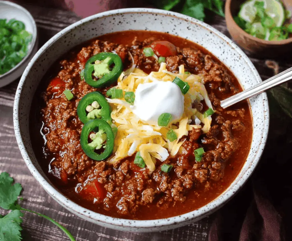 Delicious homemade low-carb chili served in a bowl with fresh toppings, perfect for a healthy, low-carb meal.