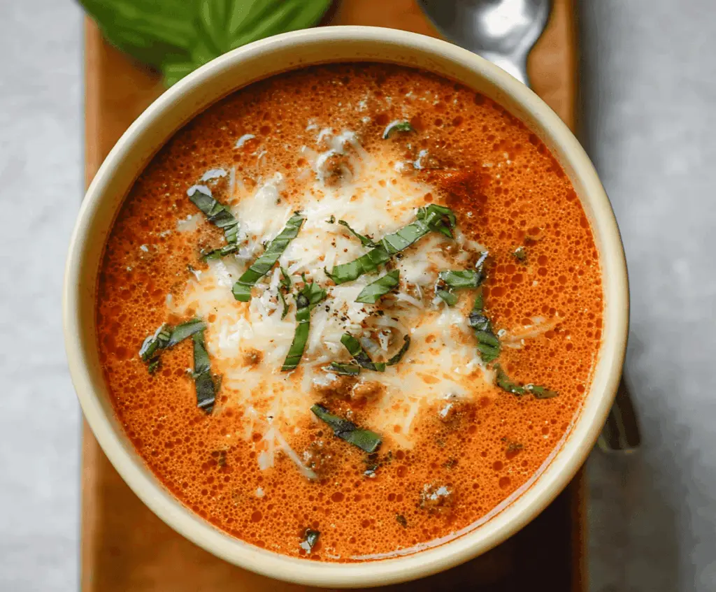 Creamy low-carb lasagna soup topped with melted cheese, fresh basil, and zucchini noodles in a savory broth, perfect for a healthy, comforting meal.