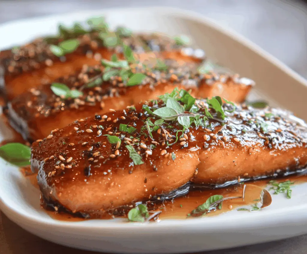 Fresh Maple Glazed Salmon fillet topped with a glossy maple glaze, served with lemon wedges and steamed vegetables on a white plate.