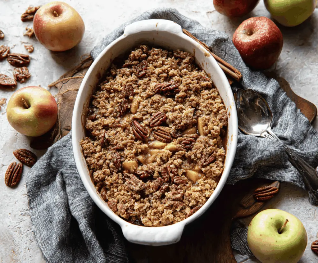 Delicious Maple Pecan Apple Crisp topped with caramelized pecans and served with a scoop of vanilla ice cream on a rustic plate