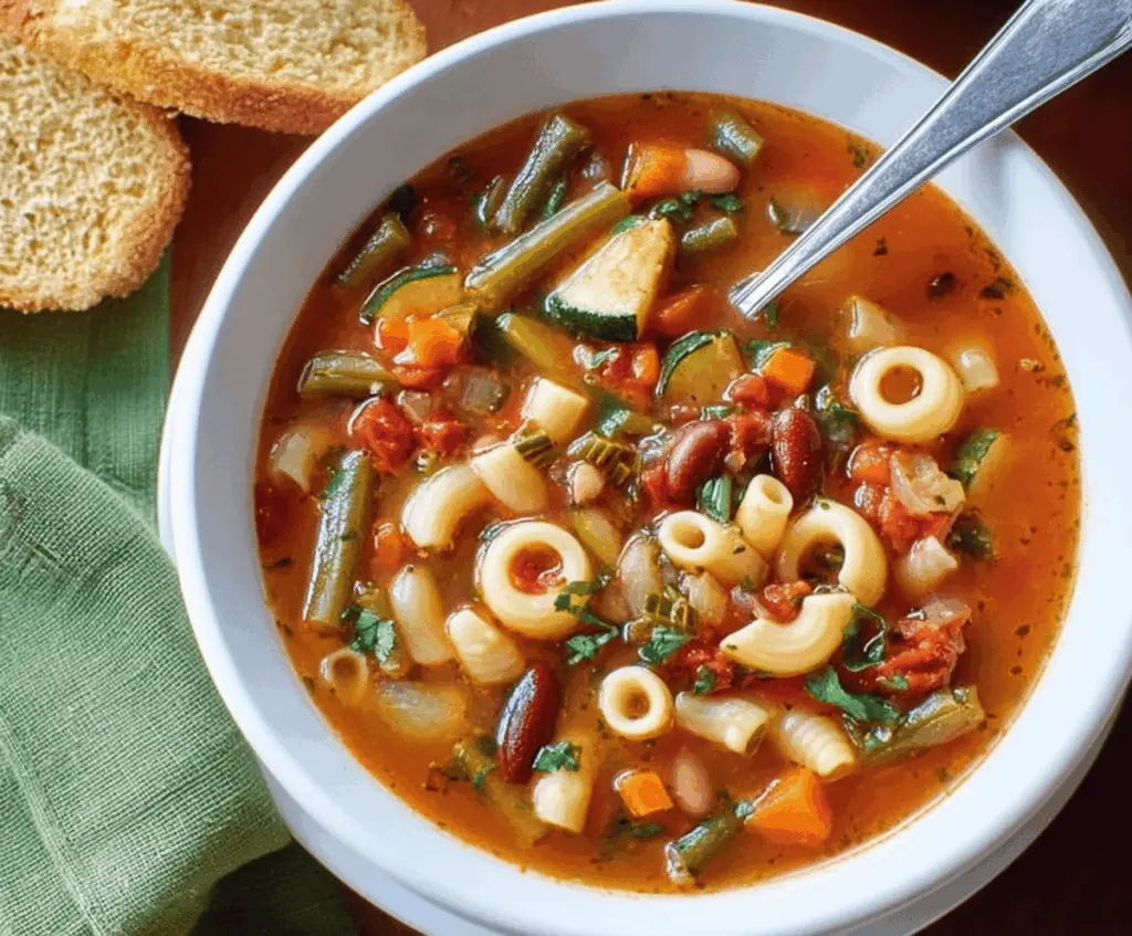 A bowl of hearty minestrone soup filled with vegetables, beans, pasta, and herbs, served with a slice of crusty bread on the side.