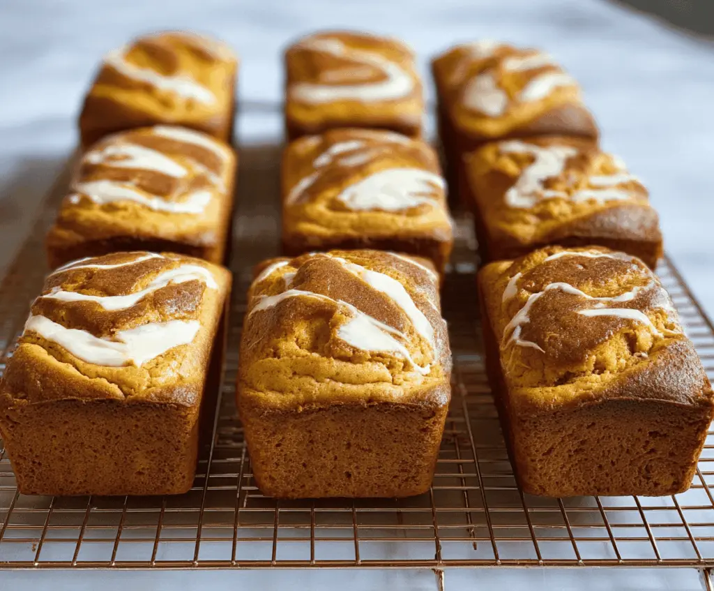 Mini pumpkin cream cheese bread slices topped with a swirl of cream cheese frosting, perfect for fall desserts and holiday gatherings.