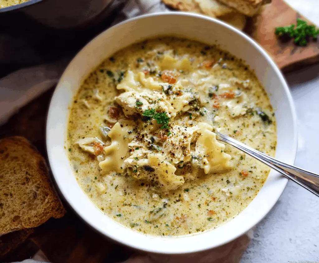 Creamy One-Pot White Chicken Lasagna Soup with shredded chicken, ricotta cheese, spinach, and melted mozzarella in a savory broth