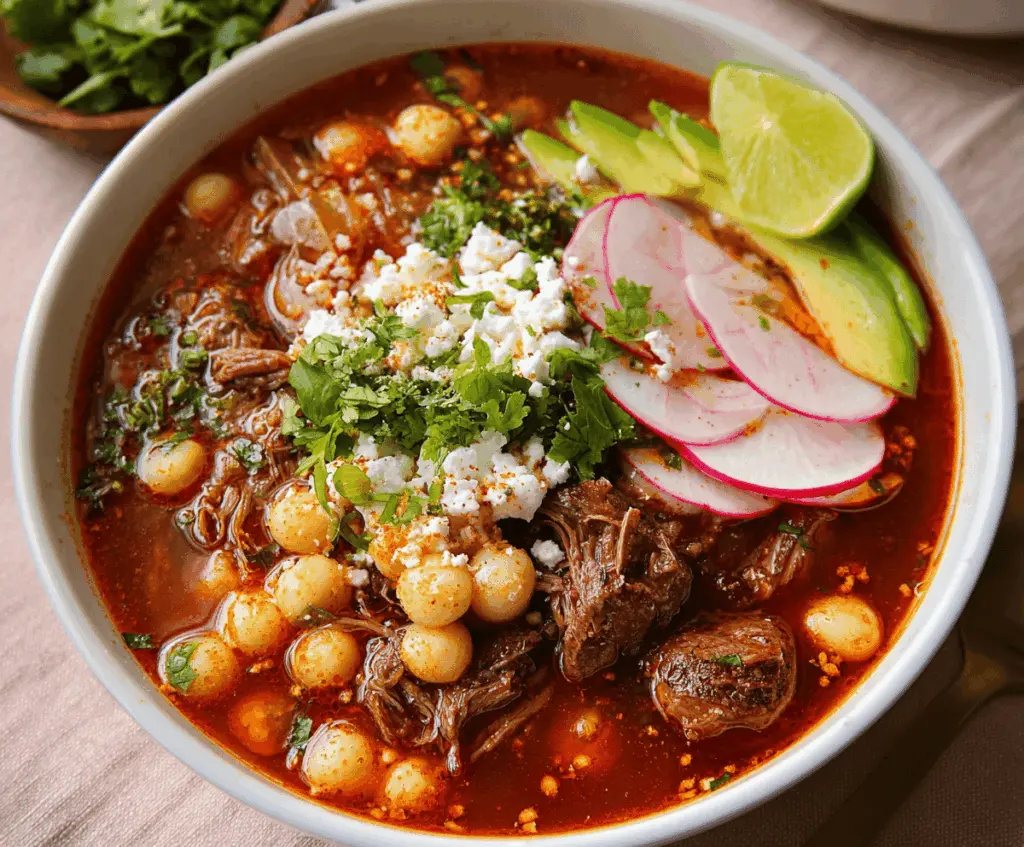A bowl of traditional pozole soup topped with shredded chicken, radishes, lettuce, lime wedges, and oregano, served with corn tortillas on the side.