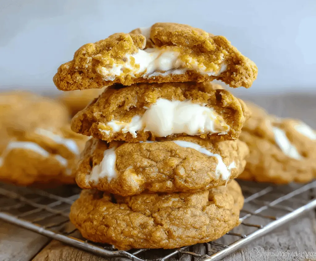 Delicious homemade pumpkin cheesecake cookies with cream cheese frosting and fall spices on a rustic plate