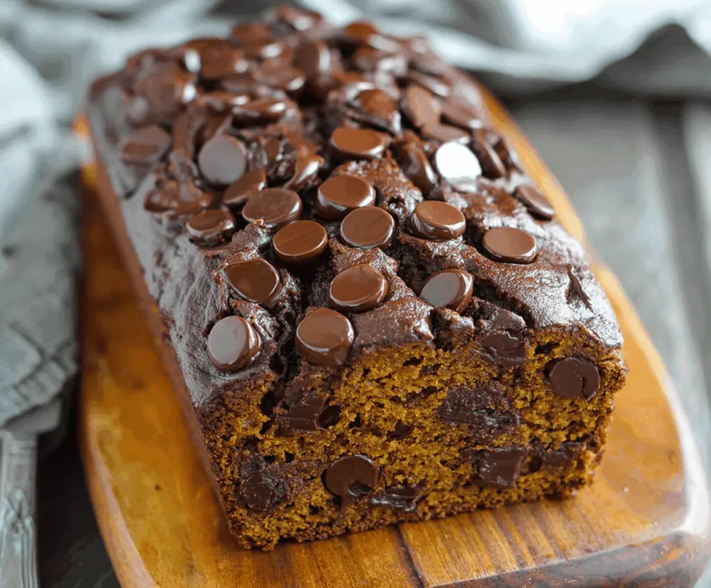 Delicious homemade pumpkin chocolate bread sliced with chocolate chunks and a moist, spiced pumpkin batter on a rustic wooden table