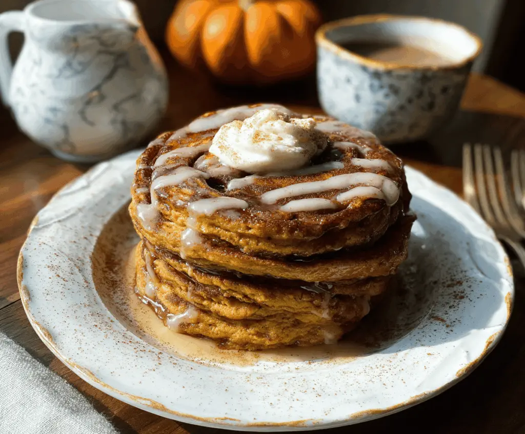Delicious pumpkin cinnamon roll pancakes topped with icing, served on a plate with autumn spices and fresh pecans for a flavorful fall breakfast