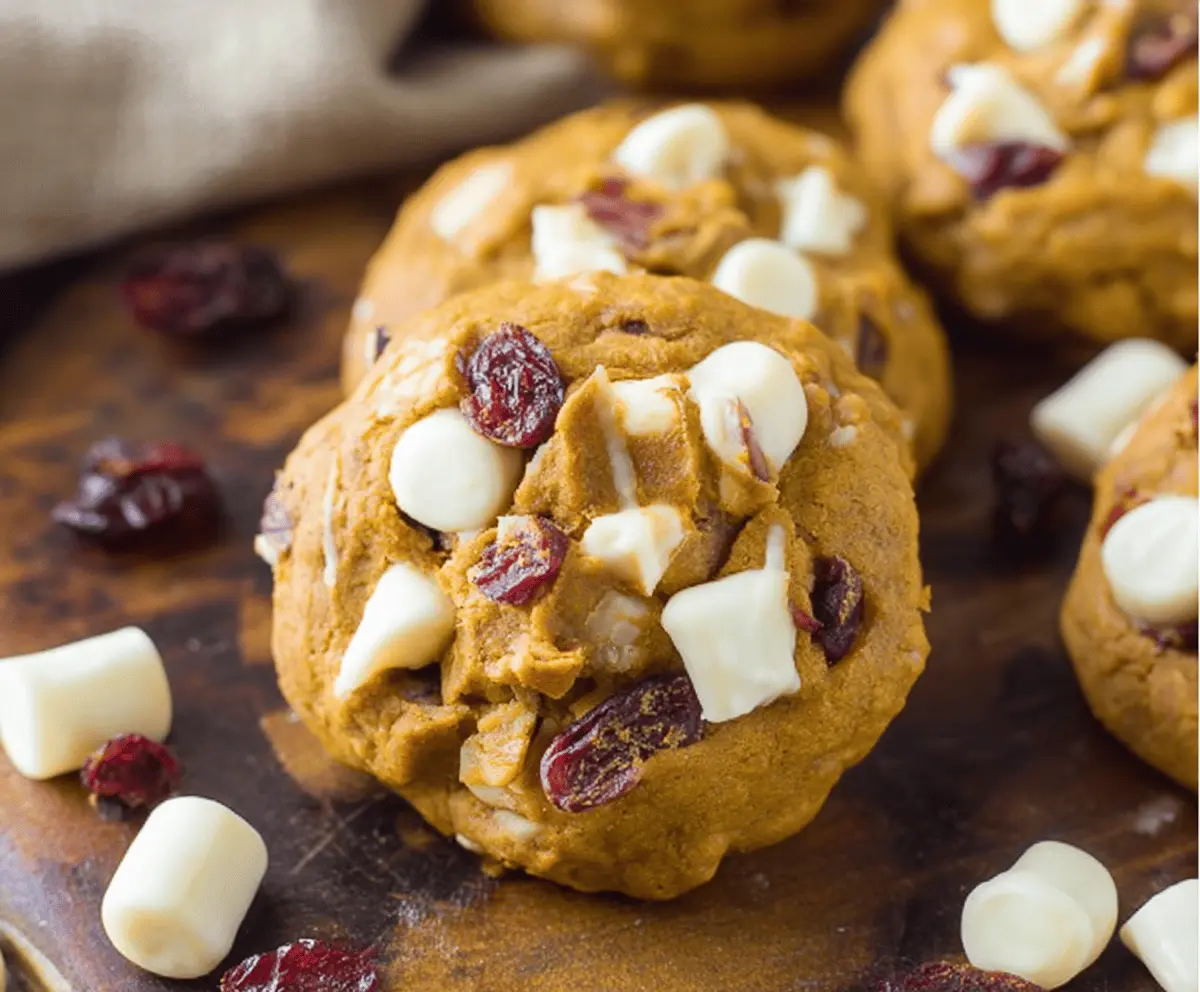 Delicious Pumpkin Cranberry White Chocolate Cookies with a festive fall appearance and golden-brown edges on a baking sheet