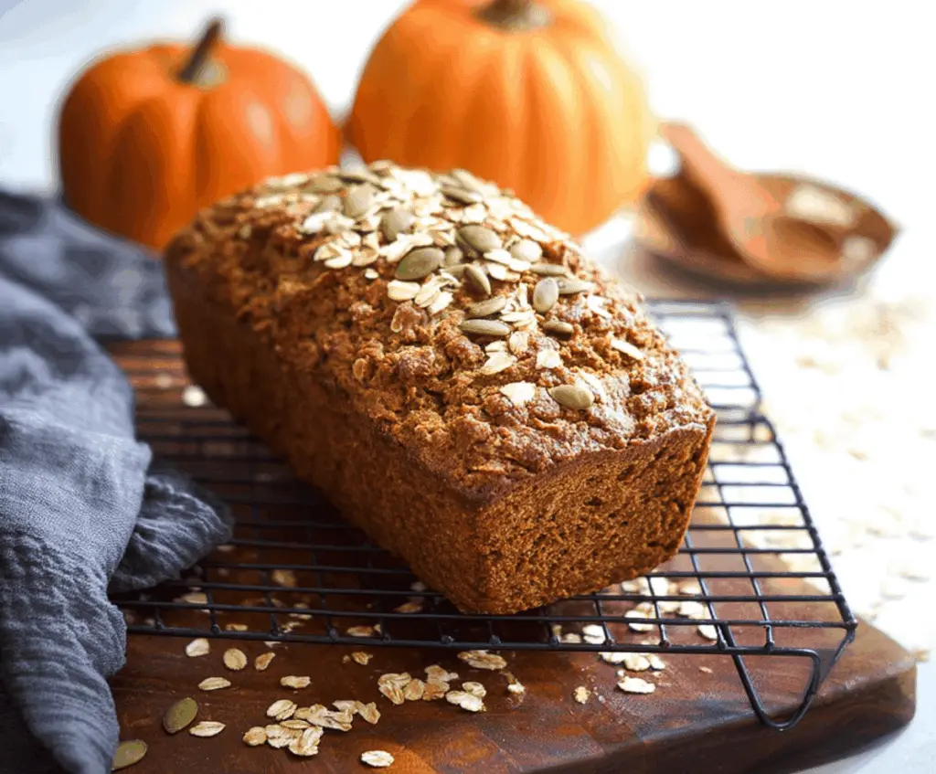 Freshly sliced Pumpkin Oatmeal Bread with a golden crust and hearty texture, perfect for breakfast or snacks.