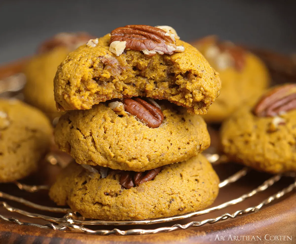 Golden Pumpkin Pecan Cookies with a crunchy pecan topping and a soft, moist center on a rustic wooden surface.