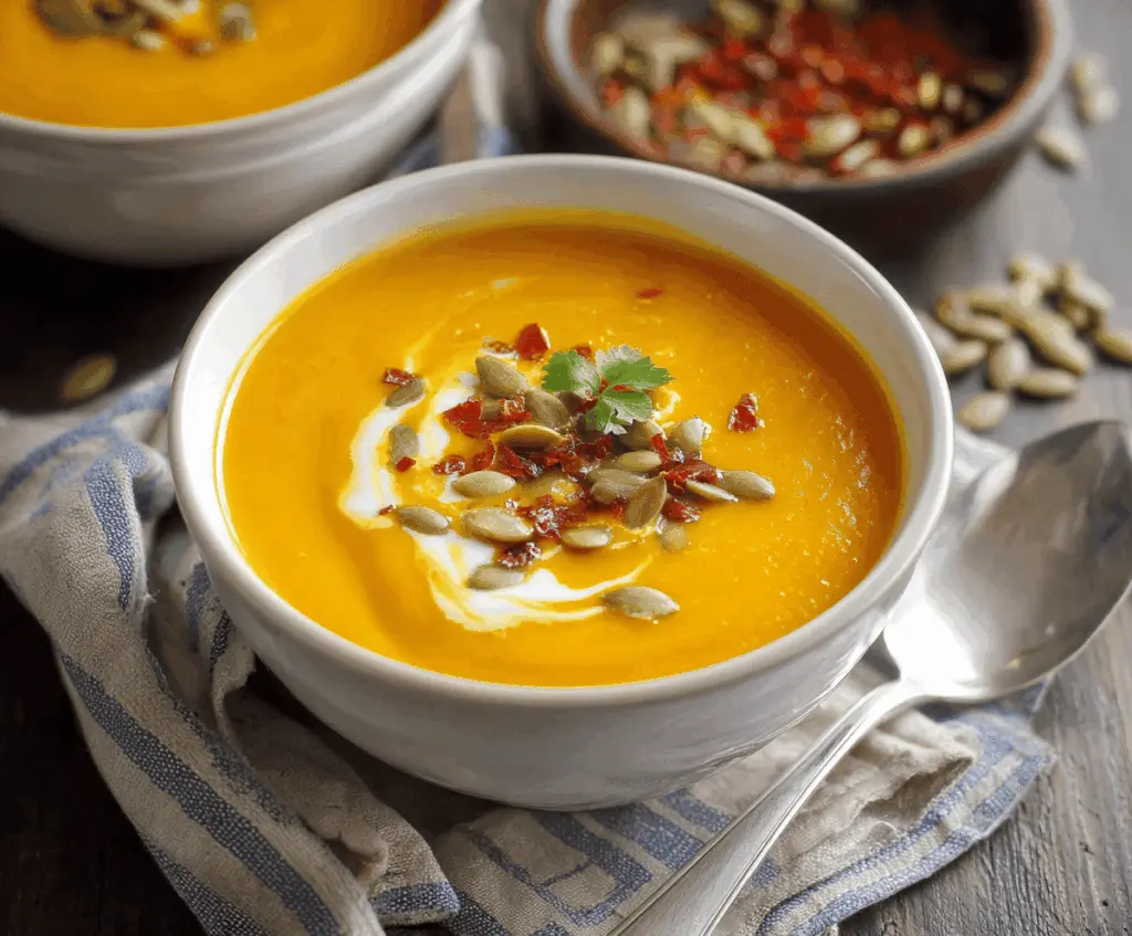 Creamy pumpkin soup served in a bowl garnished with fresh herbs, perfect for fall comfort food