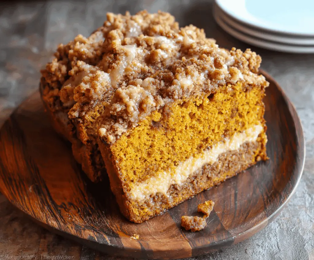 Freshly baked Pumpkin Streusel Bread topped with cinnamon streusel and a drizzle of glaze, ready to enjoy with a warm cup of coffee.