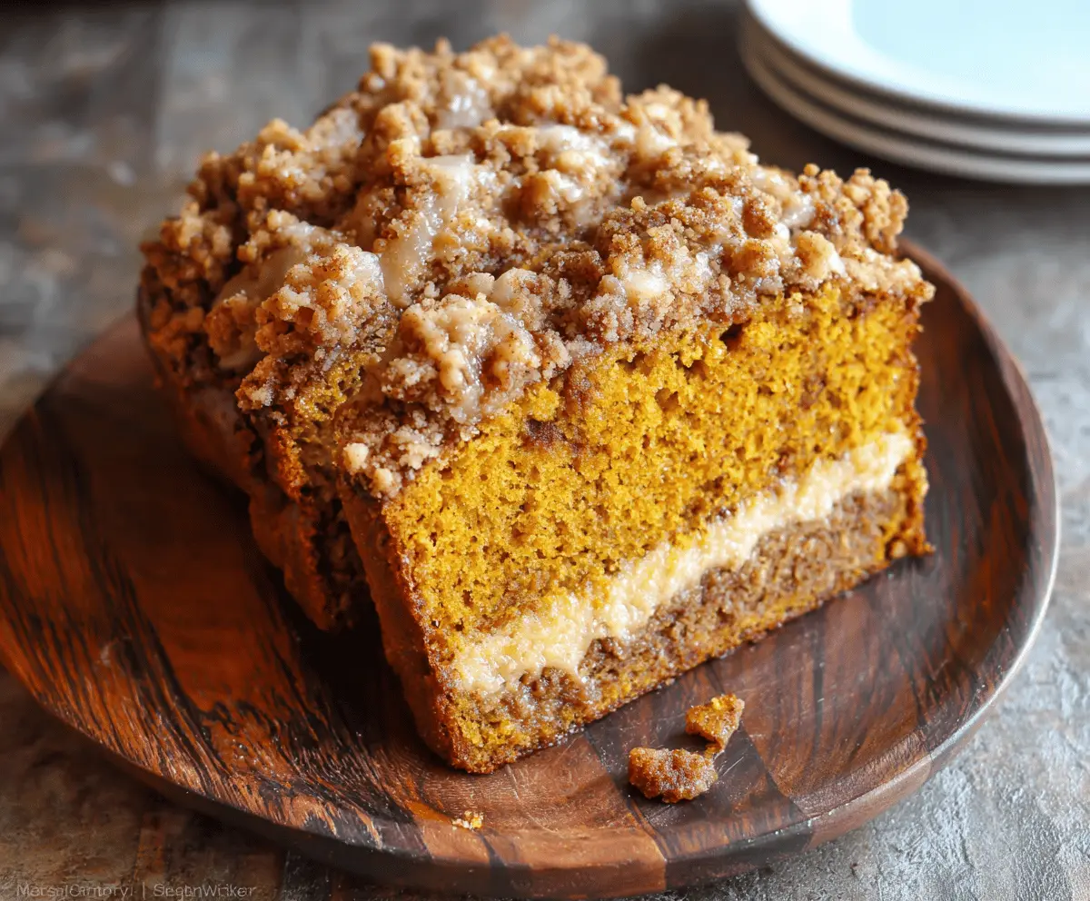Freshly baked Pumpkin Streusel Bread topped with cinnamon streusel and a drizzle of glaze, ready to enjoy with a warm cup of coffee.