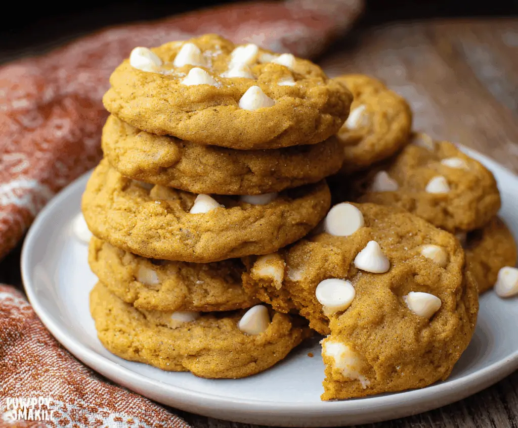 Delicious homemade pumpkin white chocolate chip cookies on a baking sheet, perfect for fall treats and dessert lovers.