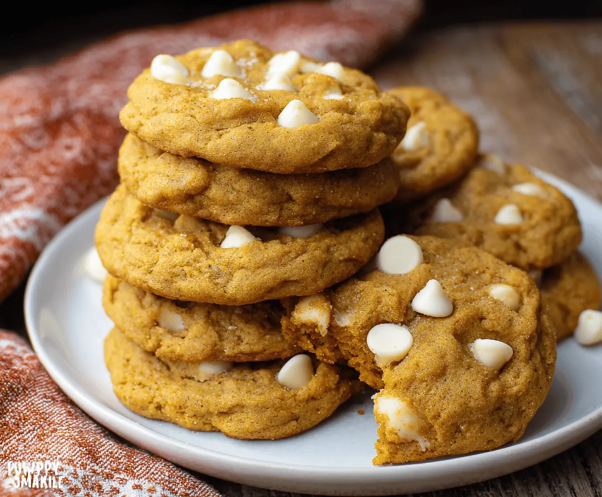 Delicious homemade pumpkin white chocolate chip cookies on a baking sheet, perfect for fall treats and dessert lovers.