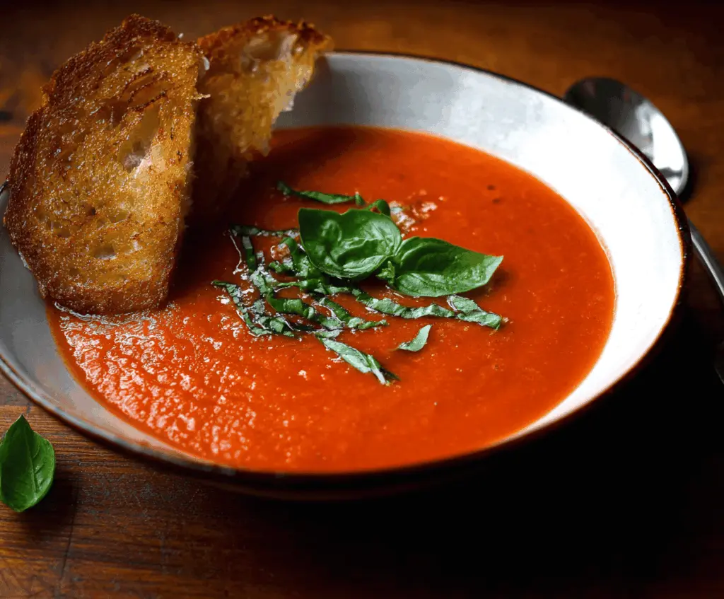 Creamy red pepper and tomato soup garnished with fresh herbs in a white bowl, perfect for a warm, comforting meal.