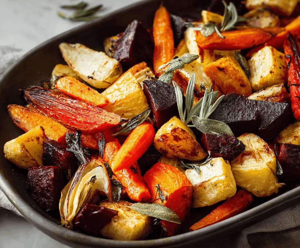 Colorful roasted root vegetables on a baking sheet, including carrots, parsnips, and sweet potatoes, garnished with fresh herbs for a healthy, flavorful side dish.