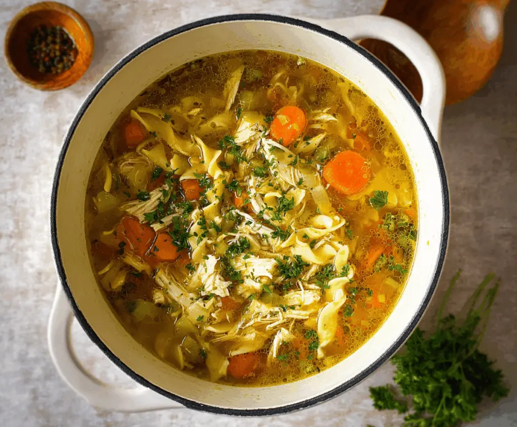 Creamy rotisserie chicken noodle soup in a bowl with fresh vegetables and herbs, perfect for a comforting meal.
