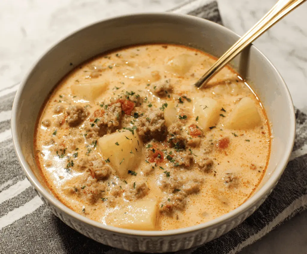 Creamy sausage and potato soup garnished with fresh herbs in a bowl, perfect for a hearty meal