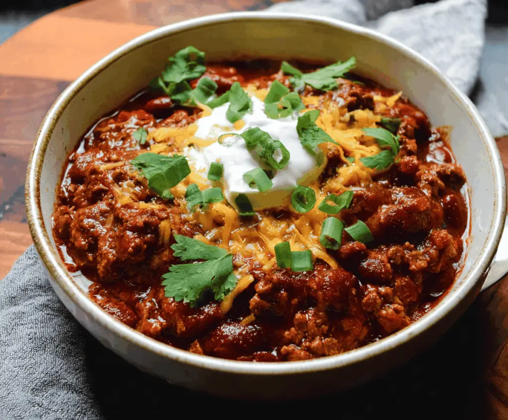 Hearty homemade slow cooker chili with beans, ground beef, and colorful toppings in a rustic bowl