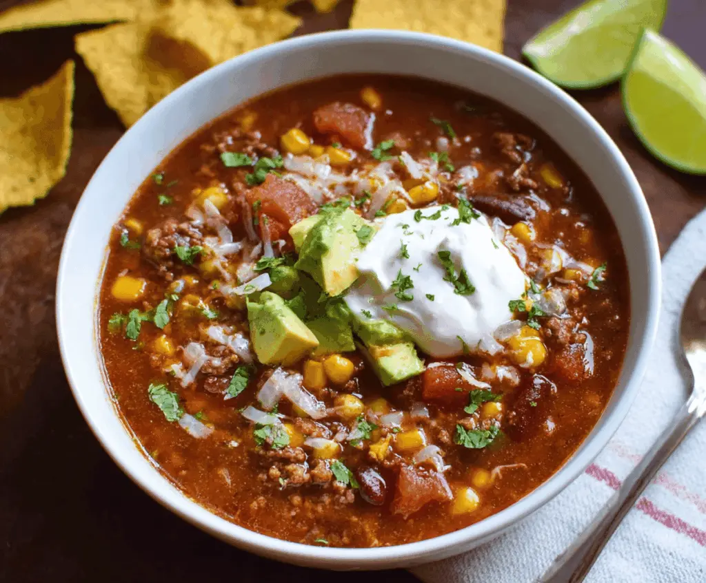 Delicious Slow Cooker Taco Soup in a bowl with toppings, ready to serve