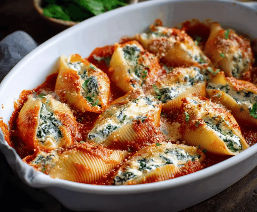 Delicious baked spinach and ricotta stuffed shells garnished with fresh herbs, ready to serve