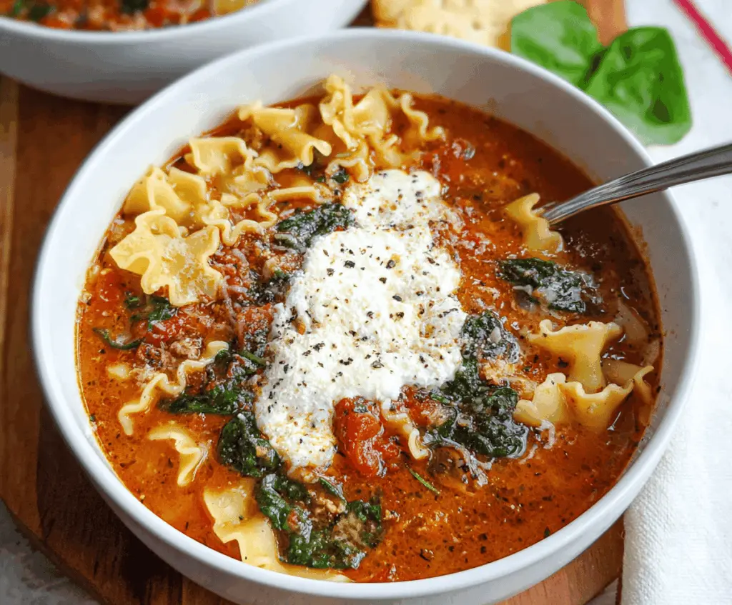 Creamy spinach ricotta lasagna soup in a bowl topped with melted cheese and fresh herbs, served with bread on the side