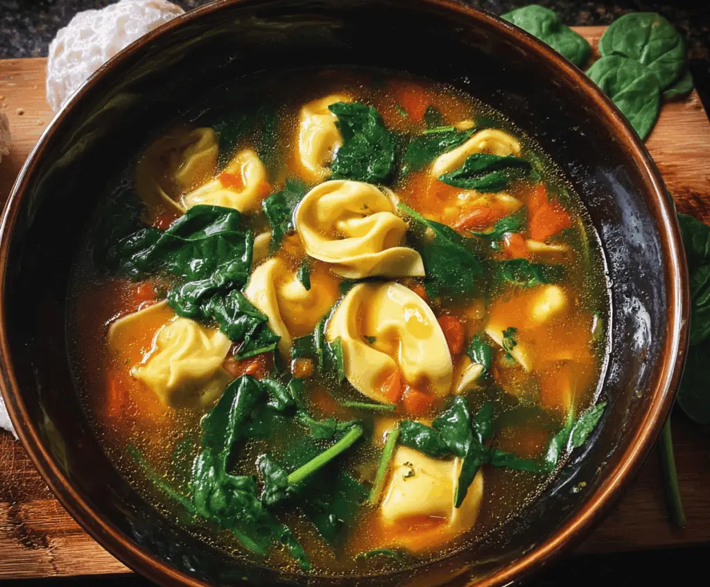 A bowl of creamy spinach tortellini soup garnished with fresh herbs and grated cheese, served with crusty bread on the side.