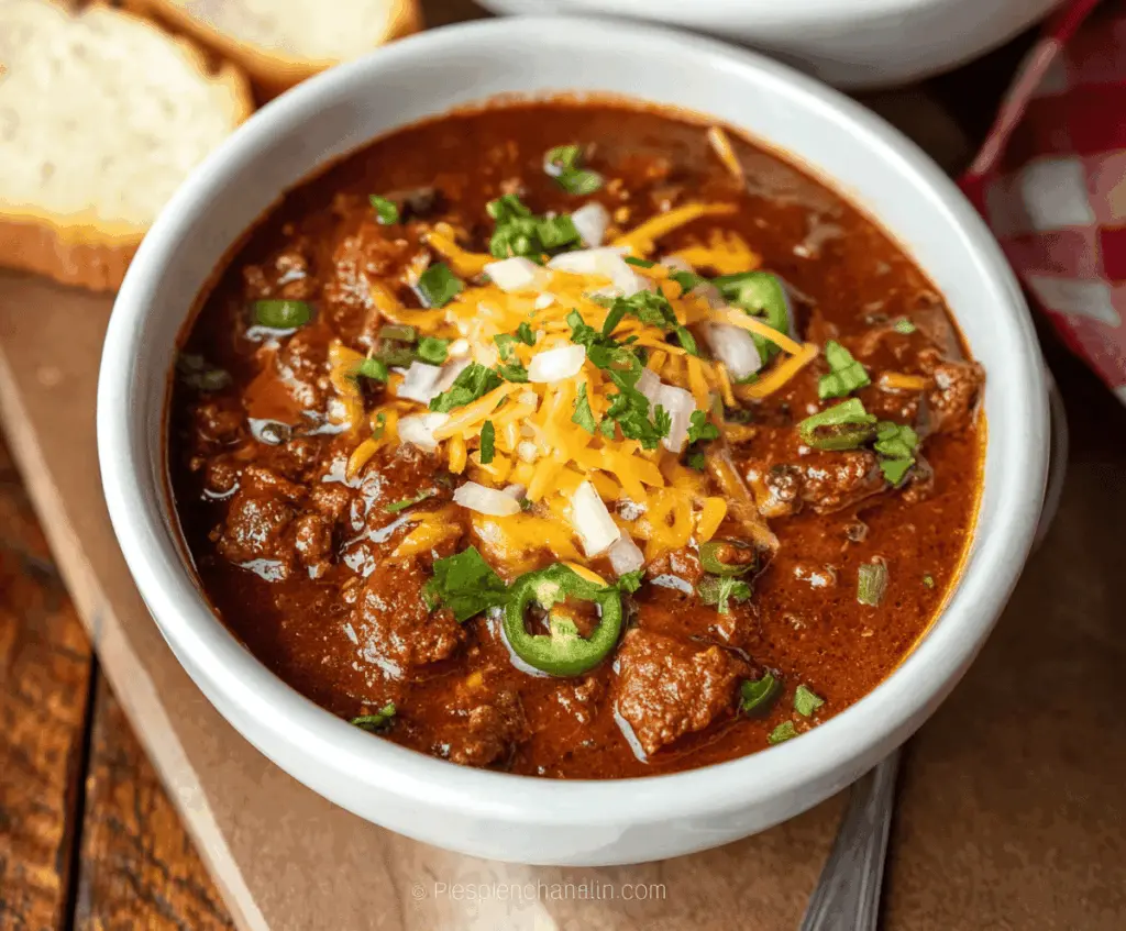 Spicy Texas Chili topped with shredded cheese, chopped onions, and fresh cilantro in a rustic bowl, ready to serve