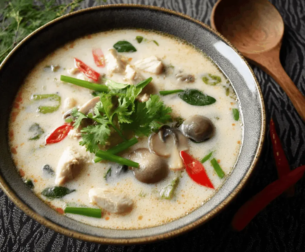 Creamy Tom Kha Gai Thai soup featuring chicken, coconut milk, fresh herbs, and vegetables in a flavorful broth.