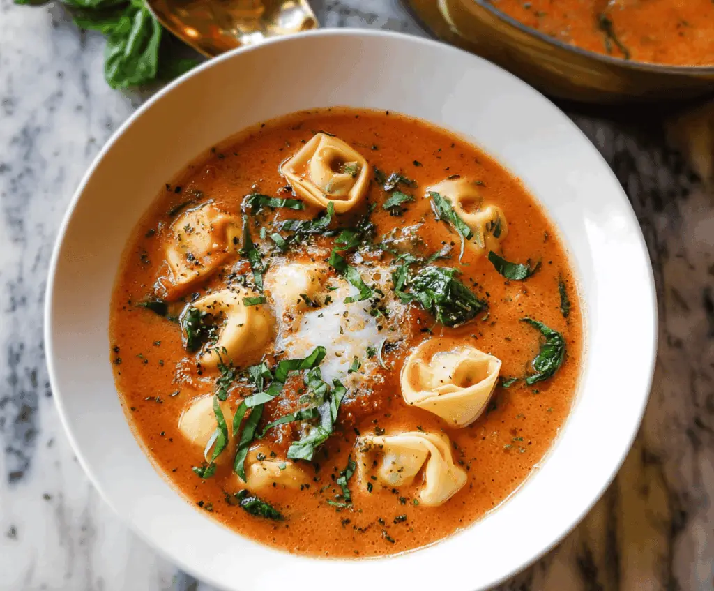 A bowl of hearty tortellini soup garnished with fresh herbs and grated cheese, served with bread on the side.