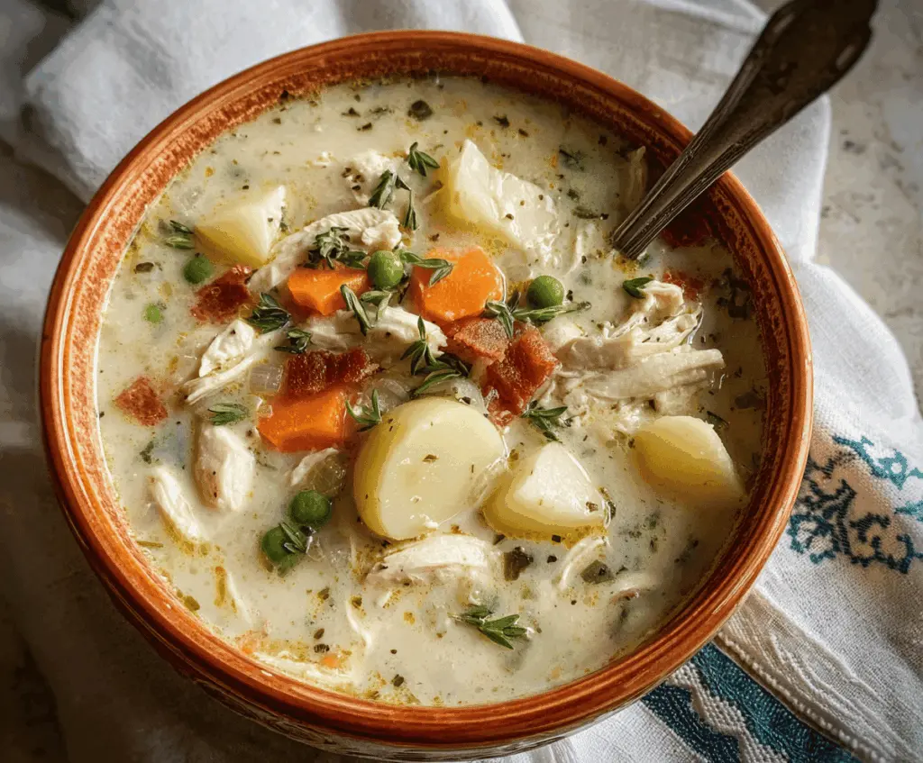 Creamy Turkey Potato Soup in a bowl topped with fresh herbs and served with crusty bread