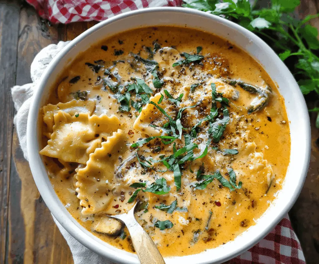 Creamy vegetarian lasagna soup topped with melted cheese and fresh basil in a bowl, perfect for a comforting, meatless meal