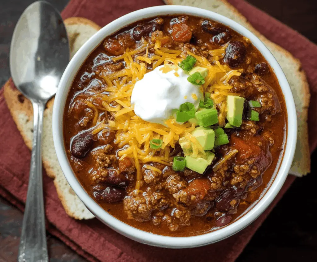 Hearty venison chili topped with fresh herbs and served in a bowl, perfect for a comforting meal.