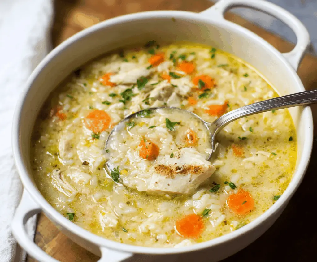 A steaming bowl of white chicken rice soup featuring tender chicken, fluffy rice, and fresh herbs in a savory broth.