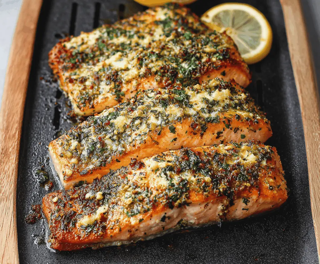 Delicious air fryer garlic butter salmon fillet on a plate, garnished with herbs.