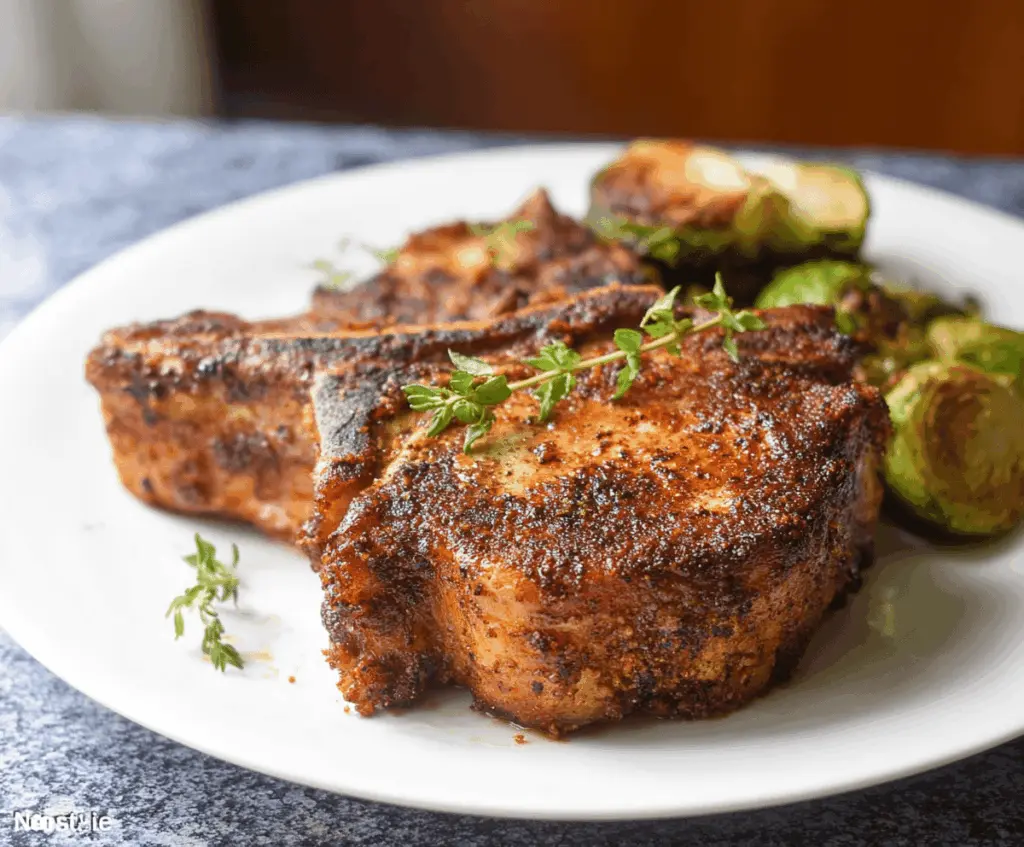 Delicious crispy air fryer pork chops served on a plate with garnishes, perfect for a quick and flavorful dinner.