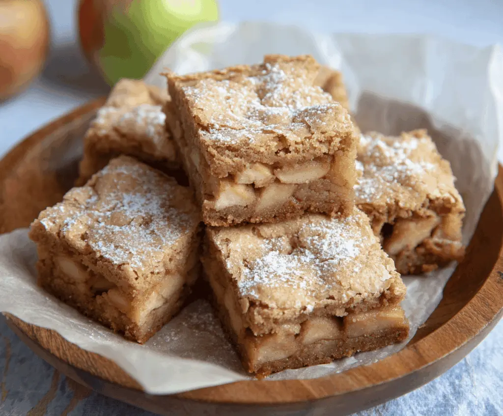Delicious homemade apple brownies dessert with a caramel glaze and cinnamon-spiced topping on a rustic wooden table