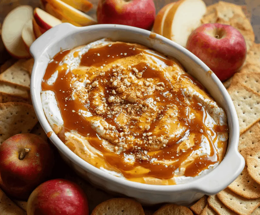 Creamy apple cheesecake dip topped with caramel sauce for a sweet indulgence.